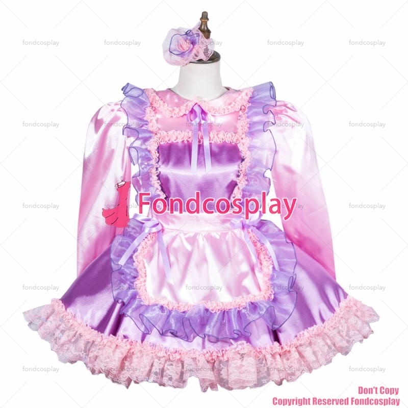 fondcosplay adult sexy cross dressing sissy maid short baby pink satin dress lockable Uniform apron costume CD/TV[G3811]