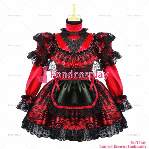 fondcosplay adult sexy cross dressing sissy maid short red satin Dress Uniform Lockable black apron Costume Custom-made[G658]