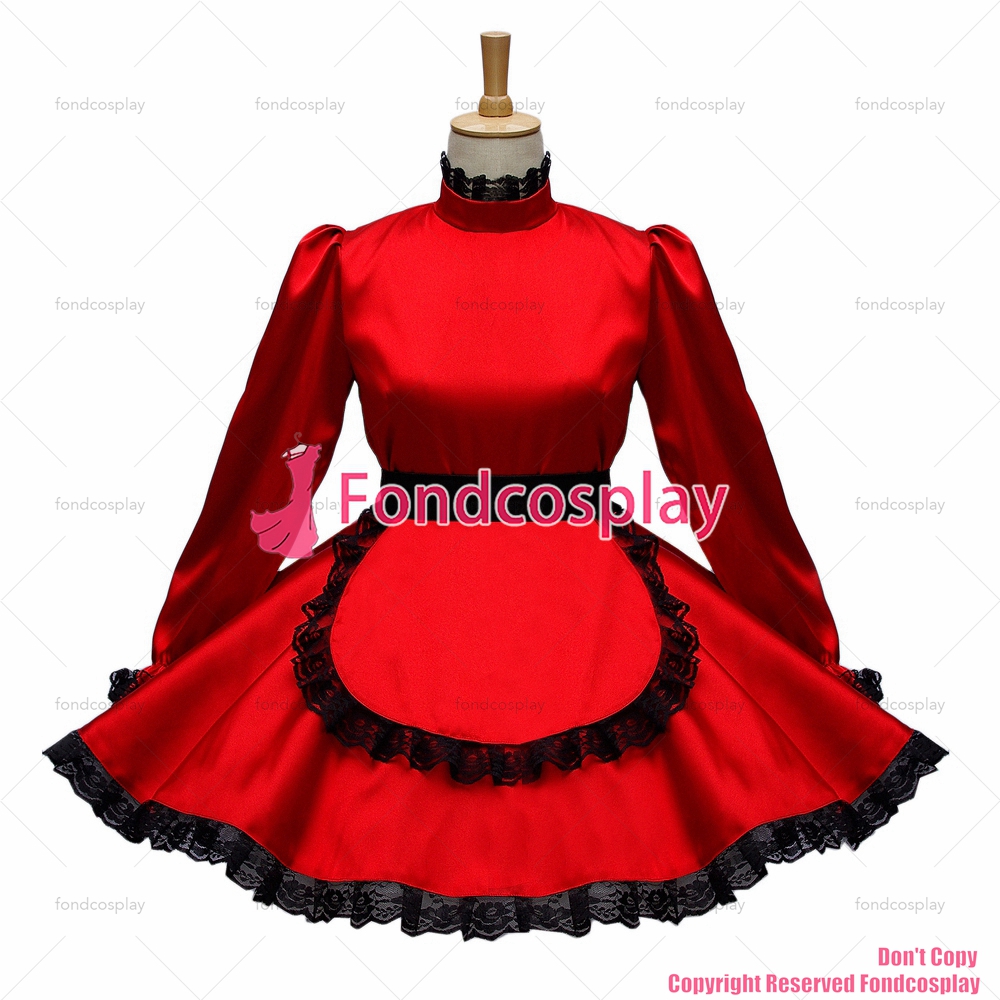 Fondcosplay Adult Sexy Cross Dressing Sissy Maid Short Red Satin Dress Lockable Uniform Apron 