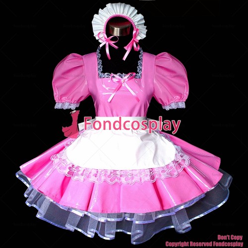 fondcosplay adult sexy cross dressing sissy maid pink thin Pvc Dress Lockable Uniform white apron Costume Custom-made[G489]