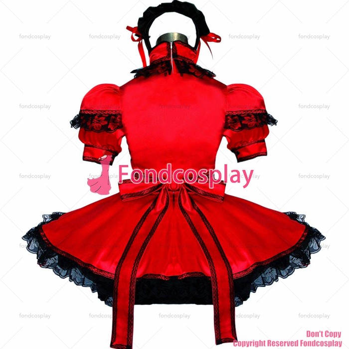 fondcosplay adult sexy cross dressing sissy maid short Dress Red Satin Lockable Uniform Cosplay Costume Custom-made[G508]