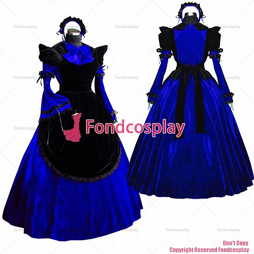 fondcosplay adult sexy cross dressing sissy maid long Dress Blue Velvet Lockable Uniform black apron Costume Custom-made[G521]