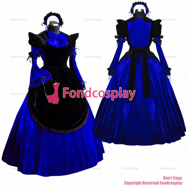 fondcosplay adult sexy cross dressing sissy maid long Dress Blue Velvet Lockable Uniform black apron Costume Custom-made[G521]