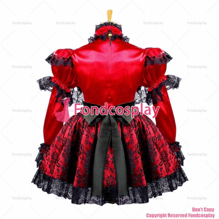 fondcosplay adult sexy cross dressing sissy maid short red satin Dress Uniform Lockable black apron Costume Custom-made[G658]