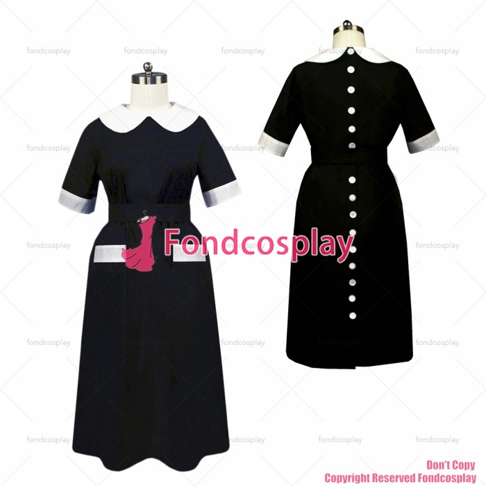 fondcosplay adult sexy cross dressing sissy maid long black Cotton Smock Uniform Buttons Dress Cosplay Costume CD/TV[G443]