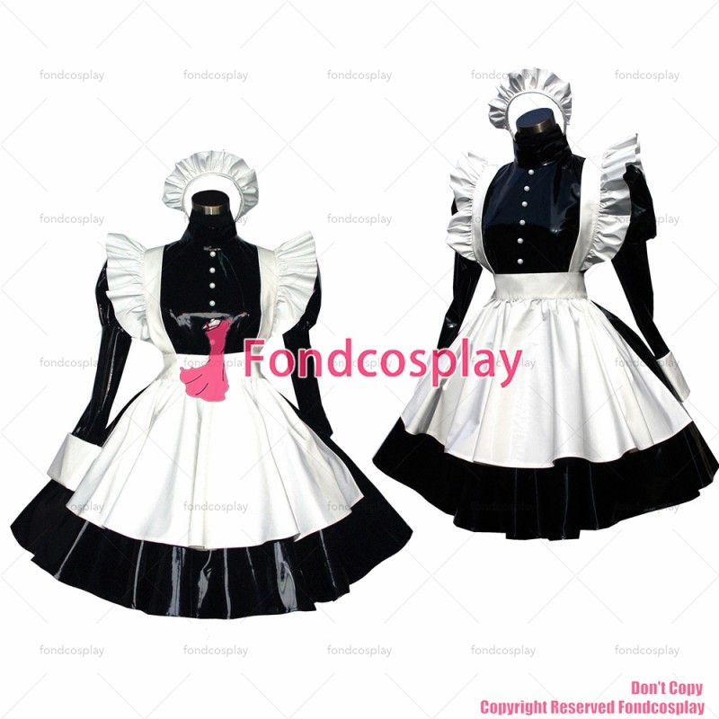 fondcosplay adult sexy cross dressing sissy maid Black heavy Pvc Dress Lockable Uniform white apron Costume CD/TV[G473]