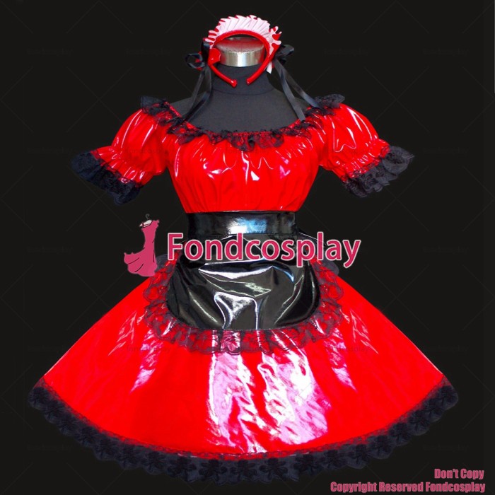 fondcosplay adult sexy cross dressing sissy maid short Dress Red thin Pvc Dress Uniform Cosplay Costume Custom-made[G510]