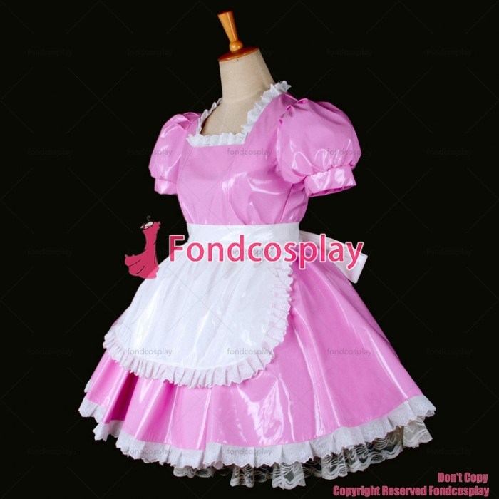 fondcosplay adult sexy cross dressing sissy maid short Lovely Dress Lockable Uniform Pink thin Pvc Dress Custom-made[G771]