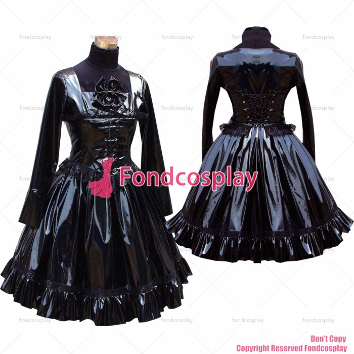 fondcosplay adult sexy cross dressing sissy maid short Gothic Lolita Punk Black thin Pvc Dress Outfit Costume CD/TV[G447]