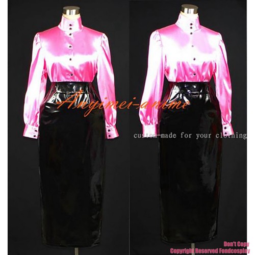 fondcosplay adult sexy cross dressing sissy maid Gothic Lolita Punk black heavy Pvc skirt pink Satin buttons shirt CD/TV[G389]