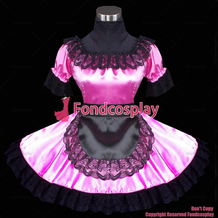 Sissy Maid Lockable Pink&Black Satin Mini Dress Cosplay Costume Tailor-made