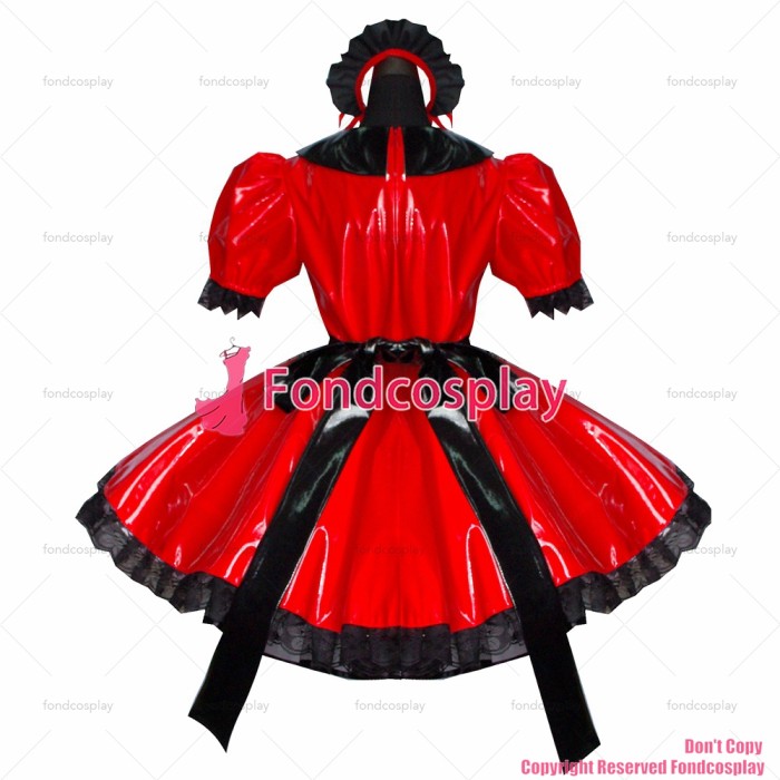 fondcosplay adult sexy cross dressing sissy maid short Red heavy Pvc Dress Lockable Uniform black apron CD/TV[G400]