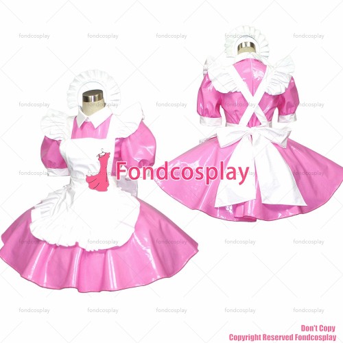fondcosplay adult sexy cross dressing sissy maid short Pink thin PVC dress lockable Uniform white apron CD/TV[G395]
