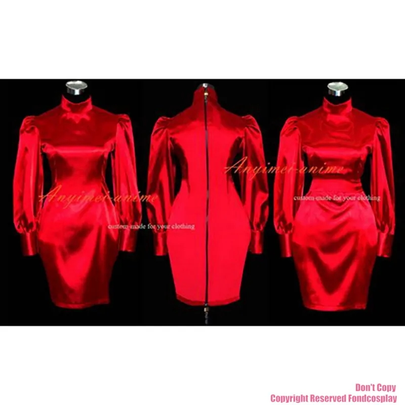 fondcosplay adult sexy cross dressing sissy maid Gothic Lolita Red Satin Dress double Lockable Uniform Costume CD/TV[G465]
