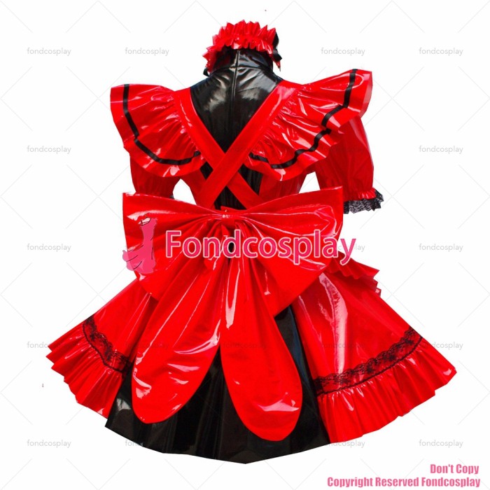 fondcosplay adult sexy cross dressing sissy maid short red thin Pvc Dress Lockable Uniform Cosplay Costume CD/TV[G449]