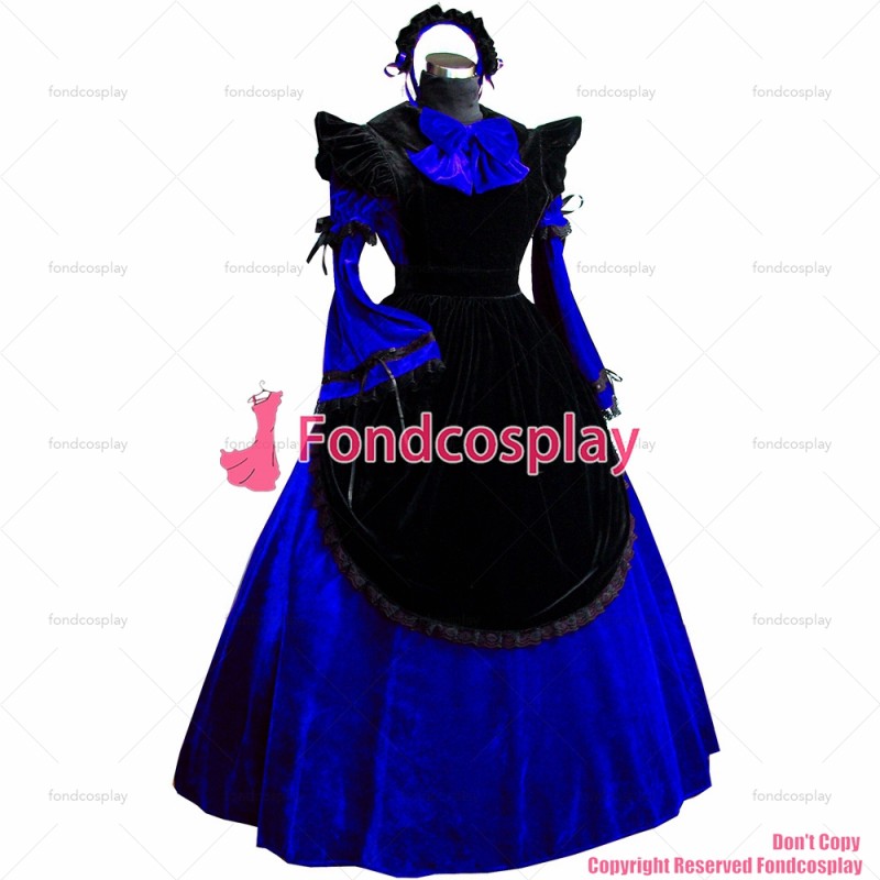 fondcosplay adult sexy cross dressing sissy maid long Dress Blue Velvet Lockable Uniform black apron Costume Custom-made[G521]