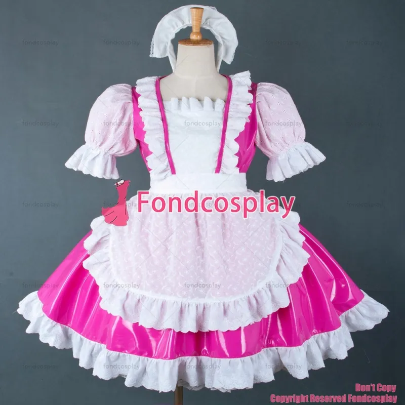 fondcosplay adult sexy cross dressing sissy maid short Lockable Uniform Hot Pink thin Pvc Dress white apron Custom-made[G756]