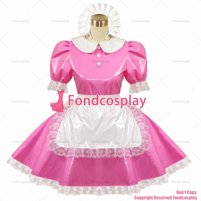 fondcosplay adult cross dressing sissy maid pink thin Pvc Dress Pink Lockable white apron Peter Pan collar CD/TV[G415]