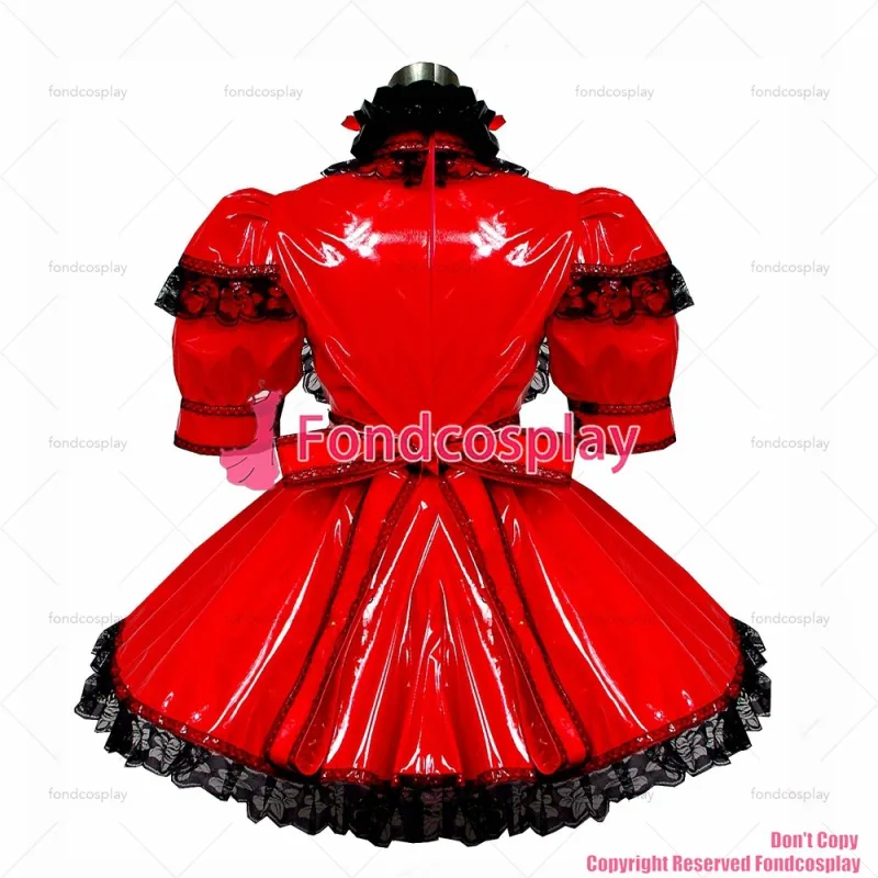fondcosplay adult sexy cross dressing sissy maid short thin Pvc Dress Red Lockable Uniform Cosplay Costume CD/TV[G432]