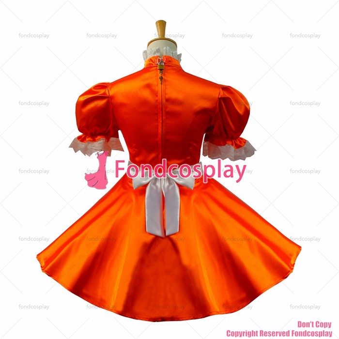 fondcosplay adult sexy cross dressing sissy maid short Orange Satin Dress Lockable apron Uniform Costume Custom-made[G584]