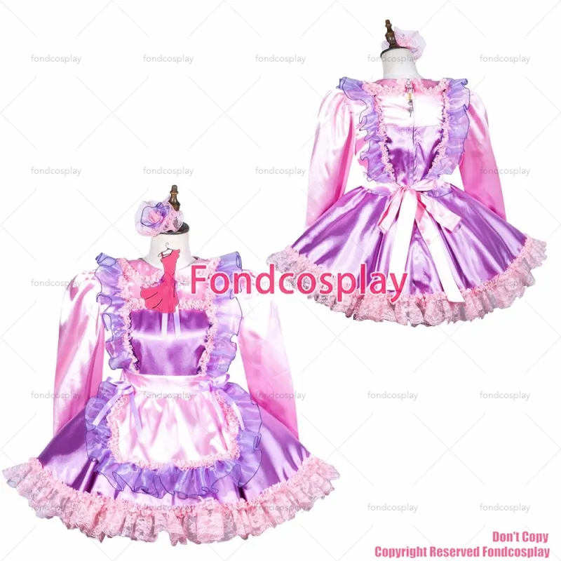 fondcosplay adult sexy cross dressing sissy maid short baby pink satin dress lockable Uniform apron costume CD/TV[G3811]