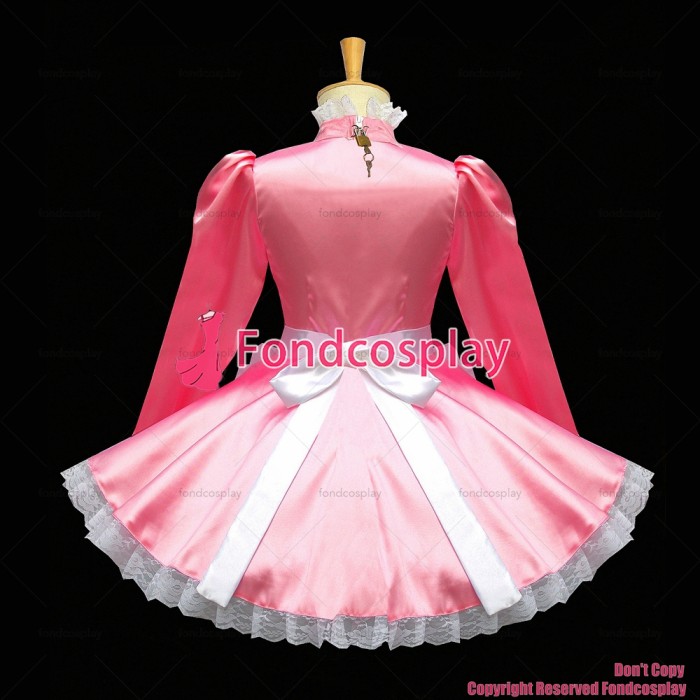 fondcosplay adult sexy cross dressing lovely sissy maid short baby Pink Satin Dress Lockable Uniform Costume Custom-made[G577]