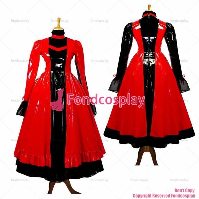 fondcosplay adult sexy cross dressing sissy maid long black red thin Pvc Dress Lockable Uniform Costume Custom-made[G634]