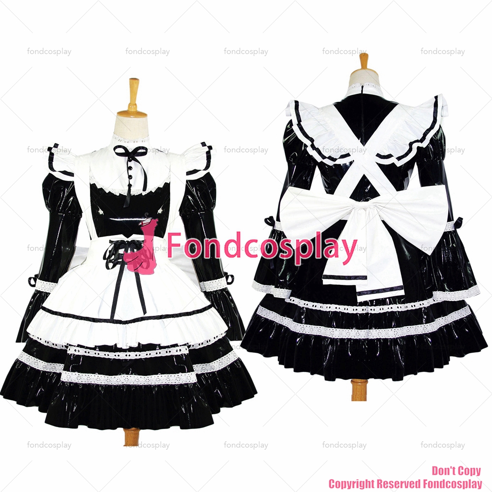 Fondcosplay Adult Sexy Cross Dressing Sissy Maid Short Black Thin Pvc Dress Lockable Uniform 