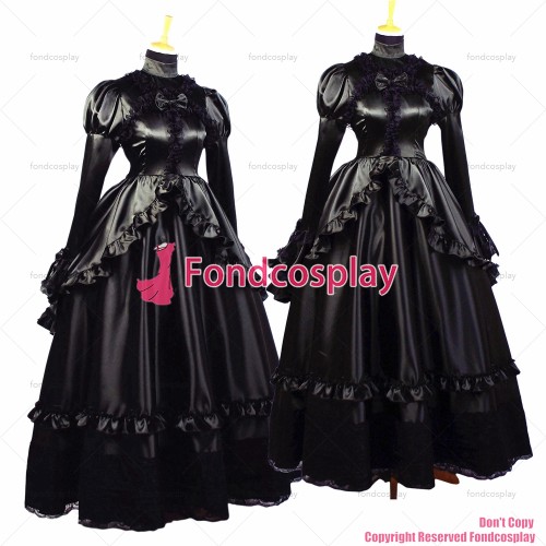 fondcosplay adult sexy cross dressing sissy maid long Victoria Medieval Gown Black Satin Dress Cosplay Costume CD/TV[G660]