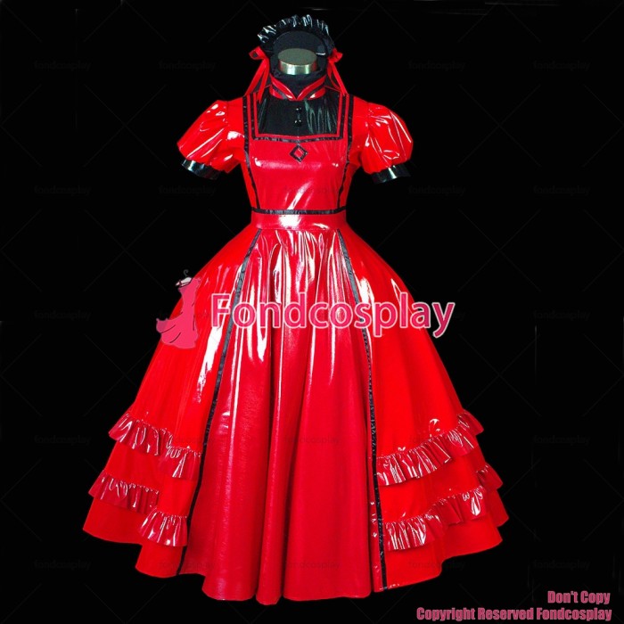 fondcosplay adult sexy cross dressing sissy maid long Gothic Lolita Punk Red thin Pvc Gown Dress Costume CD/TV[G474]