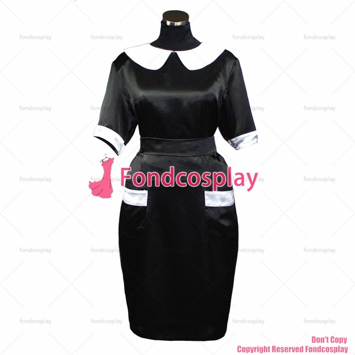 fondcosplay adult sexy cross dressing sissy maid black Satin Smock Uniform buttons Dress Peter Pan collar CD/TV[G393]