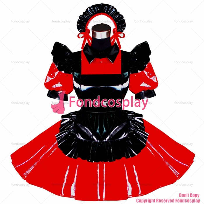fondcosplay adult sexy cross dressing sissy maid Red heavy Pvc Dress Lockable Uniform black apron Costume Custom-made[G492]