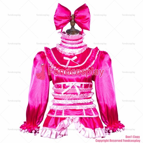 fondcosplay adult sexy cross dressing sissy maid hot pink satin dress lockable Uniform waistband costume CD/TV[G3803]
