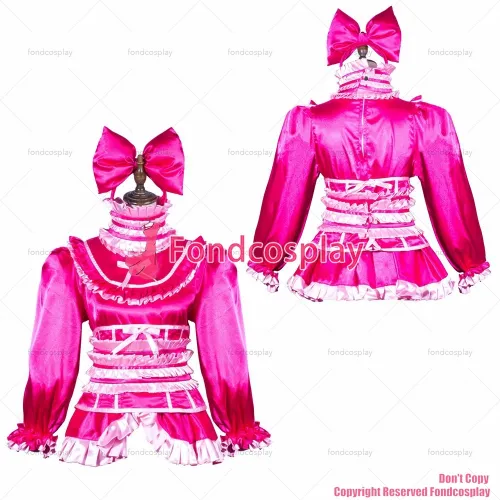 fondcosplay adult sexy cross dressing sissy maid hot pink satin dress lockable Uniform waistband costume CD/TV[G3803]