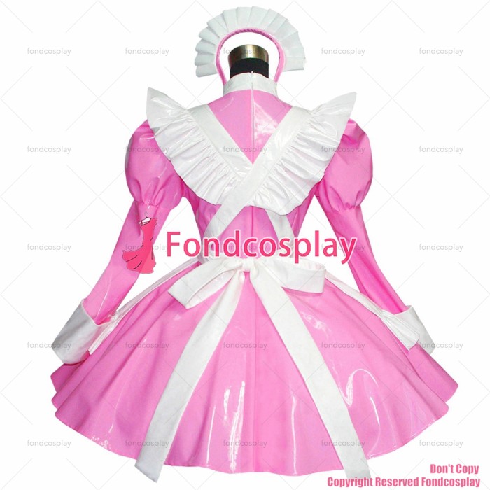 fondcosplay adult sexy cross dressing sissy maid Pink thin Pvc Dress Lockable Uniform white apron Costume Custom-made[G519]