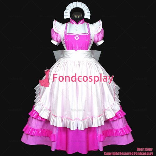 fondcosplay adult sexy cross dressing sissy maid long hot Pink thin Pvc Dress Lockable Uniform Costume Custom-made[G477]