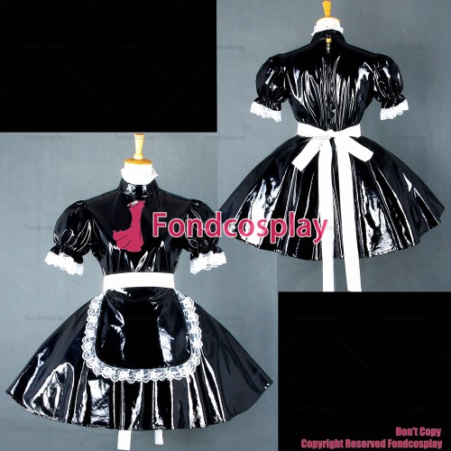 fondcosplay adult sexy cross dressing sissy maid short Black thin Pvc Dress Lockable Uniform apron Costume Custom-made[G560]