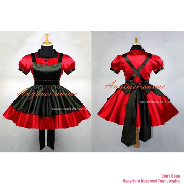 fondcosplay adult sexy cross dressing sissy maid short Red Satin Dress Uniform Lockable black apron Costume Custom-made[G645]