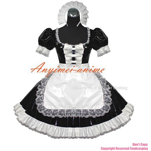 fondcosplay adult sexy cross dressing sissy maid short heavy Pvc Dress Uniform white apron Costume CD/TV[G401]