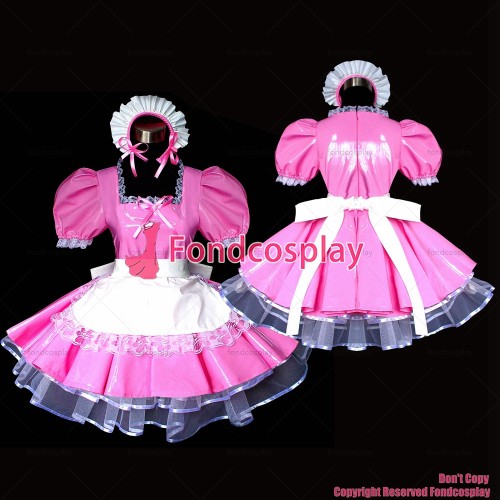 fondcosplay adult sexy cross dressing sissy maid pink thin Pvc Dress Lockable Uniform white apron Costume Custom-made[G489]