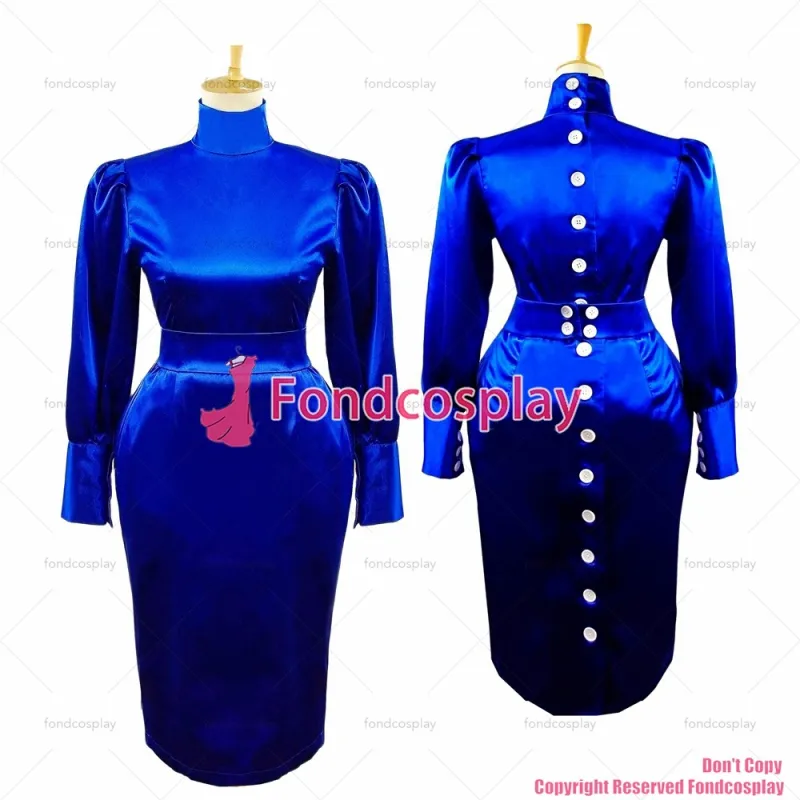 fondcosplay adult sexy cross dressing sissy maid White buttons Blue Gothic Lolita Satin Dress Cosplay Costume Custom-made[G597]