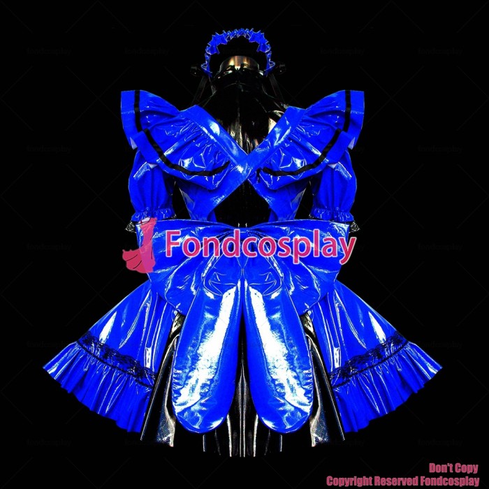 fondcosplay adult sexy cross dressing sissy maid short Blue thin Pvc Dress Lockable Uniform Removable sleeves CD/TV[G464]