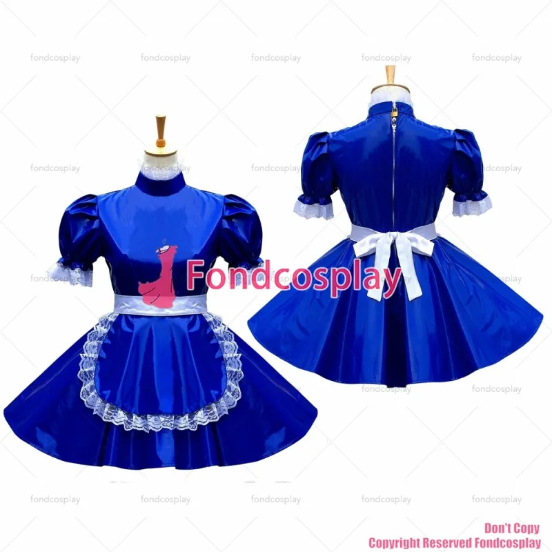 fondcosplay adult sexy cross dressing sissy maid short Blue heavy Pvc Lockable Uniform apron Costume Custom-made[G574]