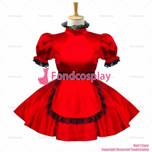 fondcosplay adult sexy cross dressing sissy maid short Red Satin Dress Lockable Uniform apron Costume Custom-made[G582]