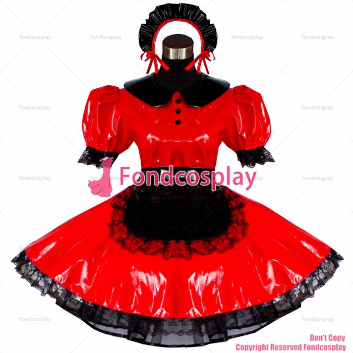 fondcosplay adult sexy cross dressing sissy maid short Red heavy Pvc Dress Lockable Uniform black apron CD/TV[G400]