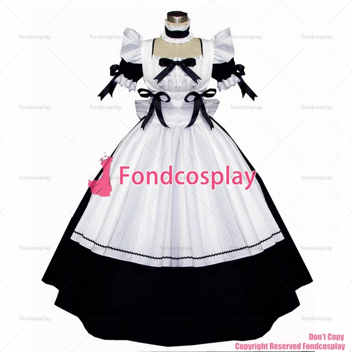 fondcosplay adult sexy cross dressing sissy maid long Lovely Dress Black Cotton Lockable Uniform white apron Custom-made[G526]