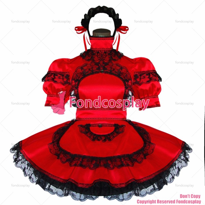 fondcosplay adult sexy cross dressing sissy maid short Dress Red Satin Lockable Uniform Cosplay Costume Custom-made[G508]