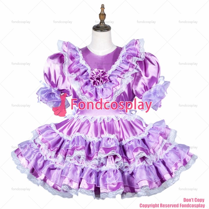fondcosplay adult sexy cross dressing sissy maid short lilac satin dress lockable Uniform cosplay costume CD/TV[G3812]