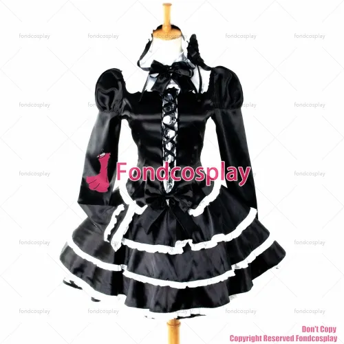 fondcosplay adult sexy cross dressing sissy maid short Punk Black Gothic Lolita Satin shirt skirt Costume Custom-made[G759]