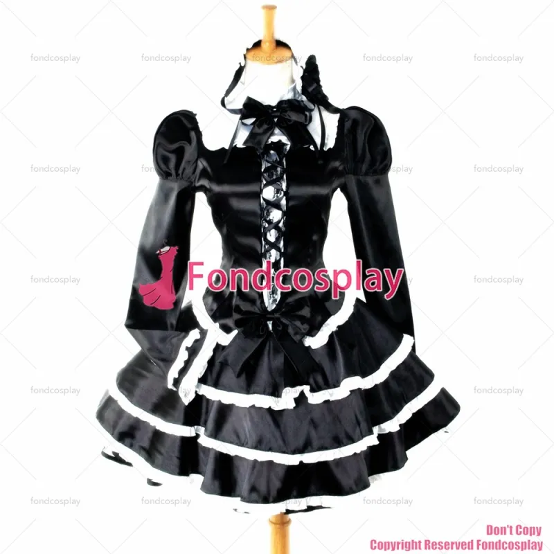 fondcosplay adult sexy cross dressing sissy maid short Punk Black Gothic Lolita Satin shirt skirt Costume Custom-made[G759]